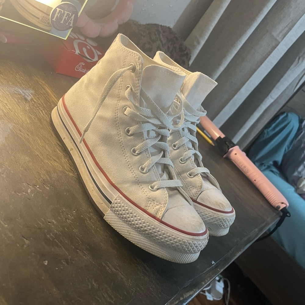 Converse High-Top White Sneakers with Red Stripe